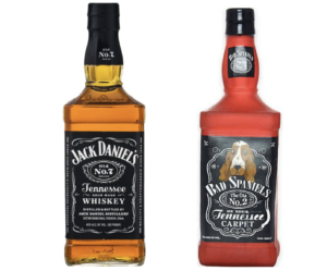 Comparison of Jack Daniels bottle and Bad Spaniels dog toy