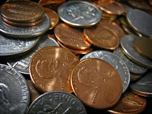 Closeup of assorted coins.